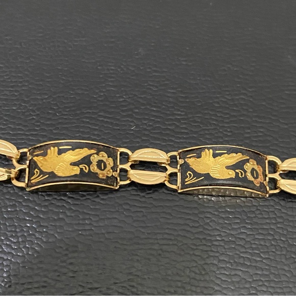 Vintage Damascene Gold-tone Enameled Birds & Flowers Link 8” Bracelet 16.3g - Picture 4 of 15